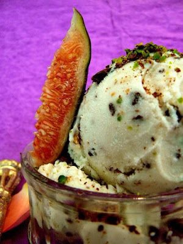 Fig &amp; rosewater ice cream with crushed pistachios &amp; chocolate