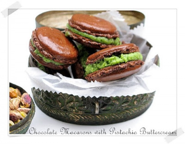 French chocolate macarons with pistachio buttercream