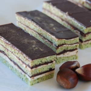 Pistachio chestnut chocolate opera style cake