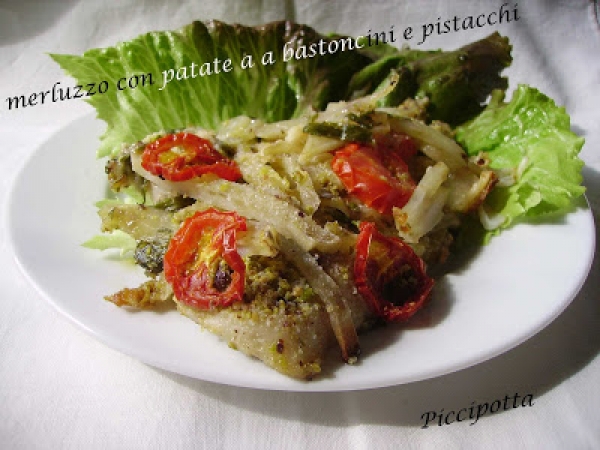 Merluzzo con patate a bastoncini e pistacchio di Bronte tritato